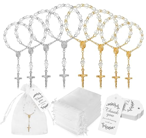 20 Stück Rosenkranz Armbänder Goldene und Silberne Rosary-Armbänder mit 20 Organzatüten und 20 Dankeskarten Elegantes Aussehen Geeignet für Geburtstagsgeschenke Hochzeitsgeschenke Autoinnenausstattung