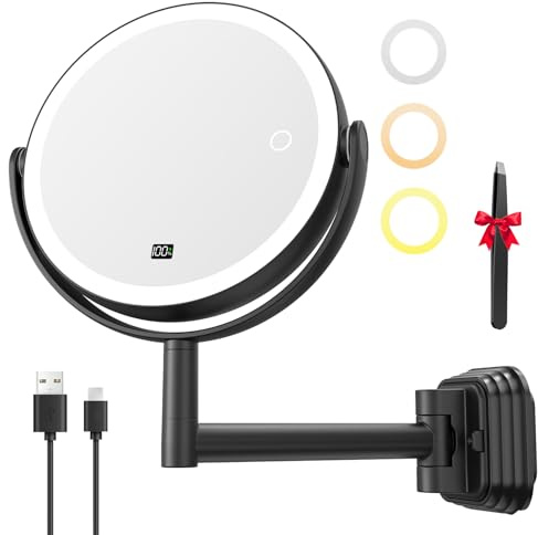 Auxmir Espejo Maquillaje con Luz Pared Adhesivo 1X/30X Recargable 2000mAh | Doble cara Giratorio 360°, Brazo Extensible, Pantalla Inteligente, 3 Colores y LED Brillo Regulable, sin Taladrar para Baño