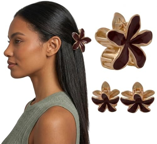 Ypkia 3 pinzas para el pelo de flores pequeñas, de metal marrón con garras, elegantes horquillas para el pelo para mujer para cabello fino y normal, accesorios para el cabello para mujeres y niñas