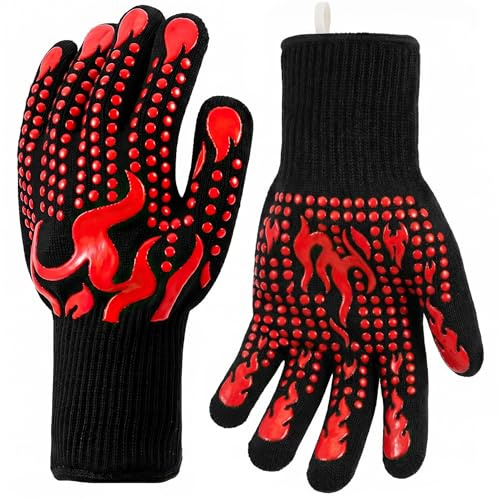 BBQ Gloves, 800°C Extreme Heat Resistant Oven Gloves for Grilling | Silicone Non-Slip Kitchen Gloves with Fingers for Barbecue, Cooking & Baking, BBQ Accessories Gifts for Men Women, 1 Pair