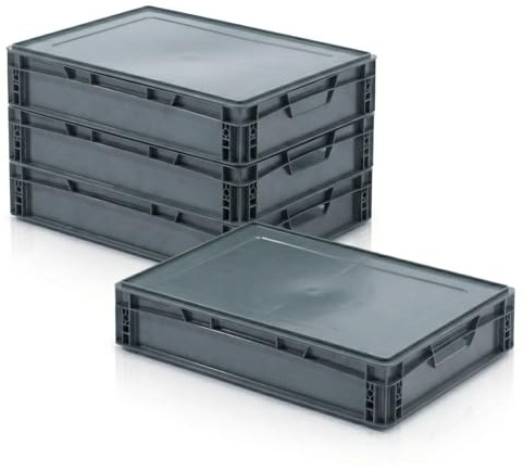 RODOPI 4x Eurobox 60x40x12 cm mit Deckel, ca. 23 L, stapelbarer Eurobehälter aus PP-Kunststoff, Transportbox mit 2 Grifföffnungen, grau
