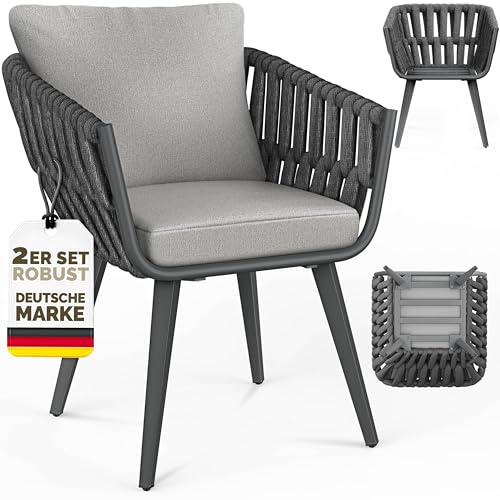 tillvex® Gartenstuhl 2er Set Wetterfest mit Armlehne & Kissen bis 160kg | Gartenstühle UV-beständig | Terrassenstuhl + Sitz- & Rückenpolster | Outdoor Stühle Sessel Gartenmöbel Terrasse Balkon Garten