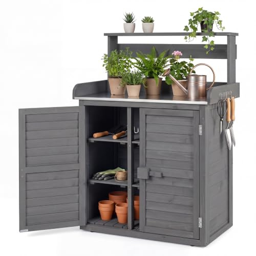 COSTWAY Pflanztisch Holz, wetterfester Gärtnertisch mit Unterschrank | Edelstahl Arbeitsplatte, oberes Regal & 3 Seitenhaken, Geräteschrank für Garten, Balkon & Terrasse, 87 x 45 x 120 cm (Grau)