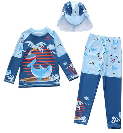 Generisch Maillot de bain rashguard à manches longues UPF 50+ protection solaire pour garçons et filles, maillot de bain, pantalon, plage, piscine, surf, bleu clair, 4-5 ans