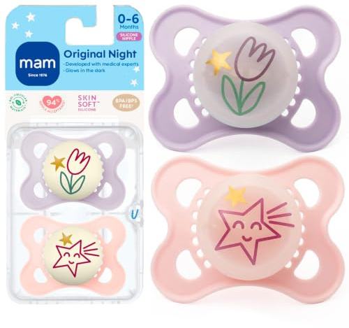 Mam Babyartikel mam night glow in the dunkle silikon schnuller rosa 0-6 monate 2-count Rosa / Weiß