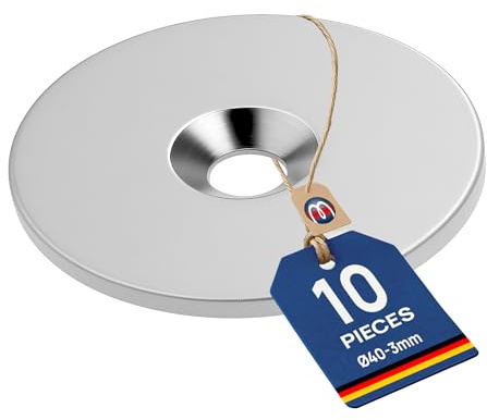 10 Metallscheiben Rund mit Loch - Ø40 x 3mm - Stahl (DC01) Verzinkt - Metallplättchen mit Bohrung und Senkung - Gegenstück für Magnete (Ferromagnetisch)