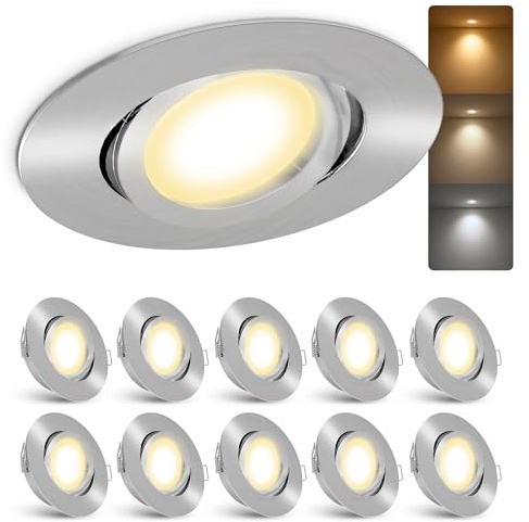 linovum 10er Set LED Decken Einbauleuchte rund schwenkbar Edelstahl Optik - Einbauspot mit LED GU10 6W LumiFLEX Lichtfarbe warm/neutral/kalt