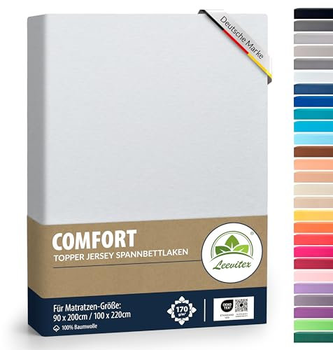 leevitex Premium Topper Boxspringbett Spannbettlaken | 100% Mako-Jersey-Baumwolle | ÖKO-TEX | 170g/m² | 90 x 200-100 x 220 | Weiß | 18 cm Steg