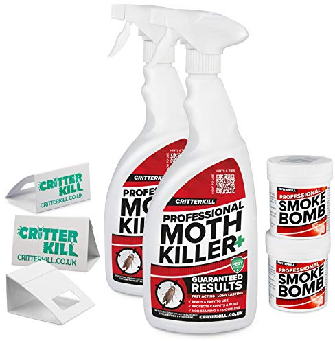 CritterKill Moth Killer Kit - For Low Level Home Infestation - Moth Spray + Smoke Bombs + Insect Traps (2L Spray / 2x16g Bombs / 3 Traps)
