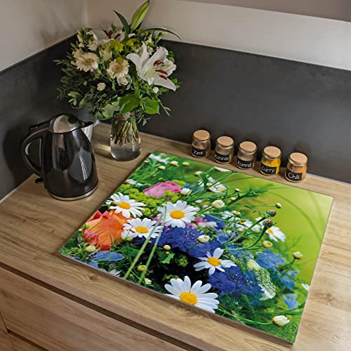banjado Kochfeldabdeckung Glas mit Blumen und Pflanzen Design frisch 60x52 cm einteilig, hitzebeständige Herdabdeckplatte mit Gumminoppen, Schneidebrett für Küche und Ceranfeld, mit Motiv Blumenstrauß