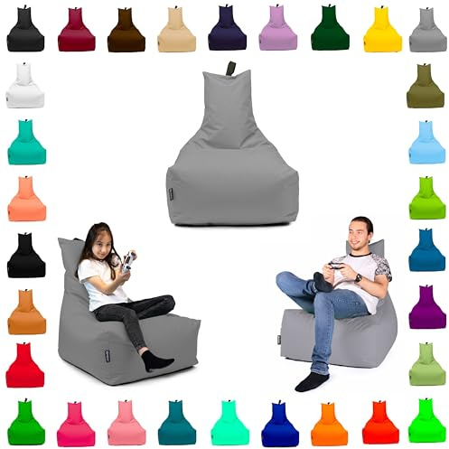 BuBiBag Sitzsack mit Rückenlehne – Gaming Sitzsack Kinder & Erwachsene | Beanbag Sessel gefüllt 70x80cm | Indoor & Outdoor Bodenkissen Sitzkissen | Oxford 600D wasserabweisend | Grau