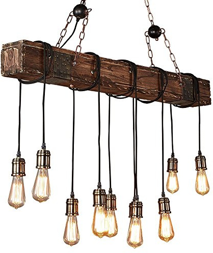 Pendelleuchte Holz Höhenverstellbar Kronleuchter Schwarz Hängelampe Vintage Hängeleuchte Industrial Retro Metall für E27 Leuchtmittel Pendellampe geeignet für Wohzimmer Esstisch Küche Wohnzimmer