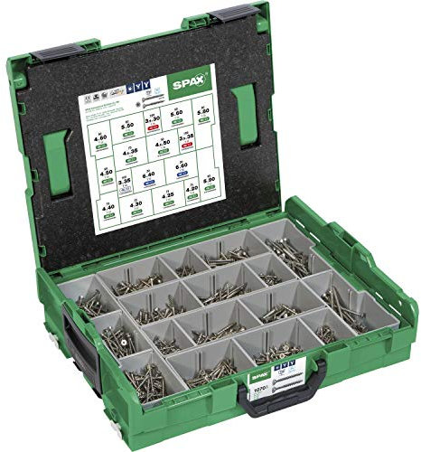 SPAX Montagekoffer, L-BOXX, Groß, Edelstahl rostfrei A2, T-STAR plus, Senkkopf, 17 Abmessungen, 1070 Stück, inkl. SPAX BITs, 5000009165019