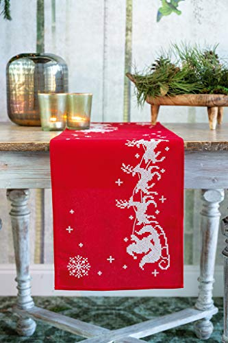 Vervaco Stickpackung Tischläufer Sticken Set Erwachsene Vorgedruckt Schlitten Stickläufer zum Selbersticken Vorgezeichnet Stickpackung Plattstich Stickset Weihnachten 30 x 105 cm Kreatives Geschenk