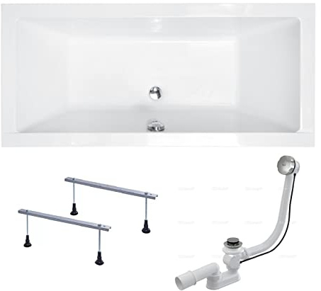 BADLAND Badewanne Original Weiß Acryl Wanne Rechteck QUADRO 180x80 KOMPLETTSET SET + Füßen und Exklusive Chrom Automatik Ablaufgarnitur Made in EU 3in1