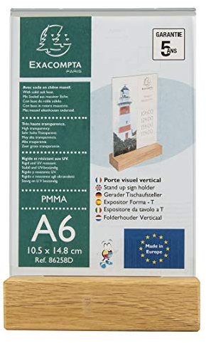 Exacompta 86258D Tischaufsteller mit Holzsockel DIN A6 Hochformat aus hochwertigem Acryl beidseitig verwendbar UV beständig Prospektschild Flyerhalter Tischschild Prospekthalter transparent