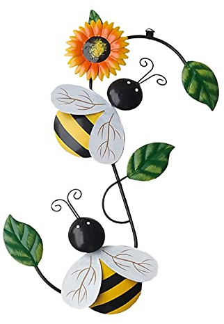 RTWAY Metall-Biene Schmiedeeisen Wandbehang, Eisen-Wandornament Garten Metallbiene Wandornament Biene Sonnenblumen grüne Blätter Skulptur für Garten Wand Terrasse Dekor