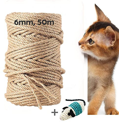 Corda in sisal naturale, 50 metri, per gatti, albero tiragraffi in sisal, ricambio per gatti, tiragraffi, per casa, giardino, fai da te, decorazione (6 mm, 50 m)