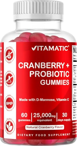 Vitamatic Vegan Cranberry Gummies with D-Mannose, Probiotic & Vitamin C for Women Urinary Tract Health - 25000 mg Equivalent per Serving - 60 Count - (Non-GMO, Gluten Free)