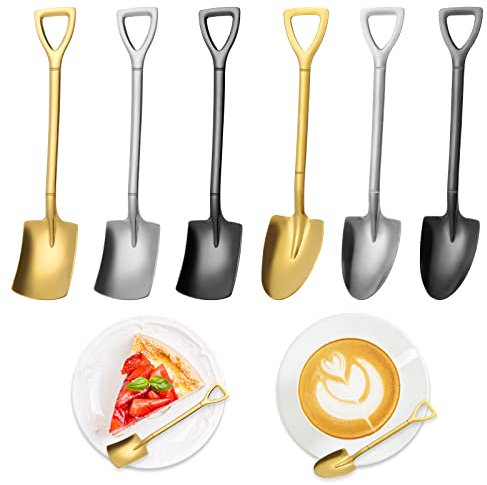 cobee Schaufellöffel, 3 Schaufellöffel + 3 spitze Löffel Edelstahl Spaten Teelöffel Kaffeelöffel Eislöffel Dessertlöffel für Küche Teeparty (Silber Schwarz Gold)