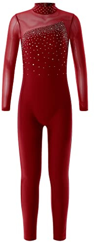 MSemis Kinder Mädchen Turnanzug Langarm Sportbody Ganzkörper Gymnastikanzug Ballettanzug Glitzer Trikot mit Stehkragen Trainingsanzug Burgundy 170-176