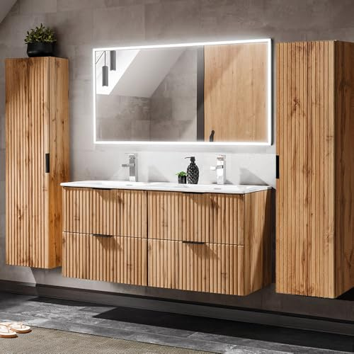 Lomadox Badezimmermöbel Badmöbel Komplett Set, Wotaneiche Rillenoptik, 120cm Waschtisch mit Unterschrank, Keramik Waschbecken, LED-Spiegel, 2 Hochschränke, B/H/T 170/200/46 cm