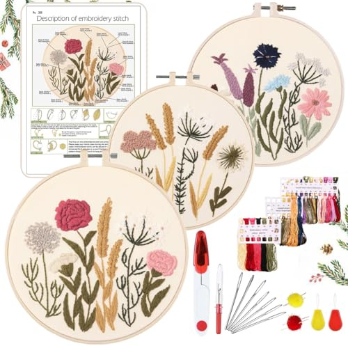 YINVA Stickerei Set Anfänger, Blumenmuster Pflanzen Kreuzstich-Kit Starter Tools Kit mit 2 Stück Kunststoff-Stickrahmen, Farbfäden und Werkzeuge, für DIY Kunst, Handwerk, Sticken (Rosa)