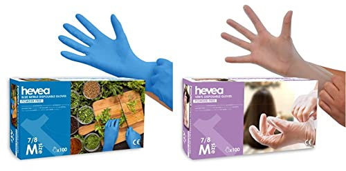 Hevea - Gants jetables en nitrile et vinyle. Sans poudre ni latex. Boîte de 100 gants. Taille : M. Couleur : Bleu