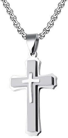 MERTTURM Kreuz Kette Herren, Schwerer Doppel Kreuz Anhänger, Halskette Edelstahl Mit Geschenkbox, Herrenschmuck Ideal für Rapper Biker Punkrock Teenager Herren Jungs(Schwarzgold/Silber)