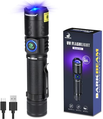 DARKBEAM Torcia UV 365nm luce nera, torce ultraviolette a LED, lampada ricaricabile USB-C a legna, resistente all'acqua focalizzabile per la verifica delle banconote e polimerizzata con resina