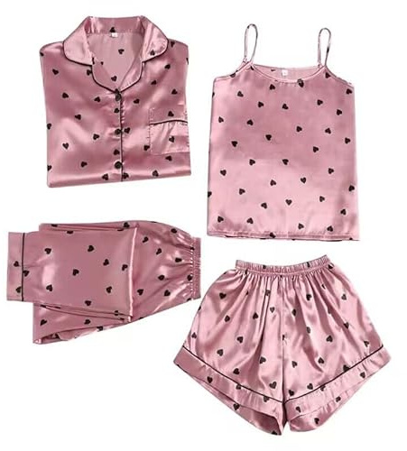 Ensemble de Pyjama 4 pièces pour Femme en Satin de Soie à Manches Longues pour Toutes Les saisonsGAESHOW Pyjama en Satin de Soie pour Femme Nuit