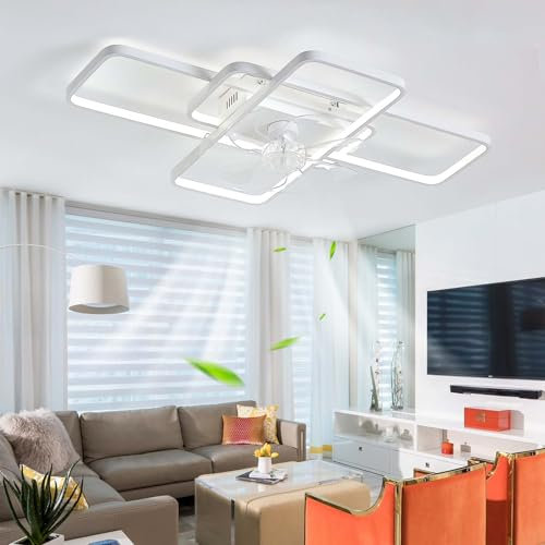 Caufloce LED Ceiling Fans with Lights and Remote Control Silent, Modern 7 Blade Reversible Dimmable Ceiling Light Fan Smart Bedroom Timer Flush Mount Light with Fan DC 6 Speed for Living Room