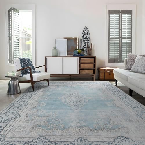 TALETA Teppich Wohnzimmer waschbar rutschfest, Kurzflor Teppich Schlafzimmer, Vintage Teppich orientalisch, Carpet Living Room, groß Teppich 190 x 280 cm, blau