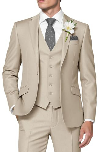 HUUTOE Trajes de 3 piezas para hombre, corte ajustado, trajes de graduación y boda para hombres, conjunto de blazer, chaqueta, chaleco y pantalones de esmoquin de verano, Beige, Medium