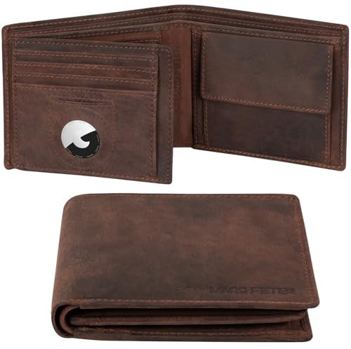 Marc Peter® California AirTag Wallet mit Münzfach und RFID-Schutz | AirTag Geldbeutel | Apple Airtag Portemonnaie | Vintage Braun Geldbörse
