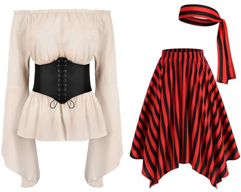 EFOGEP Damen Piratenkostüm 4PCS Halloween Renaissance viktorianisch Lange ausgestellte Ärmel Off-Schulter Bluse Oberteile Korsett Taillengürtel Piratenrock Streifen Kopftuch Cosplay