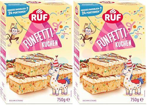 RUF Funfetti-Blechkuchen mit bunten Konfetti-Streuseln, Vanille-Creme und kakaohaltiger Pflanzenfett-Glasur mit Vollmilchpulver, 1 x 750g (Packung mit 2)