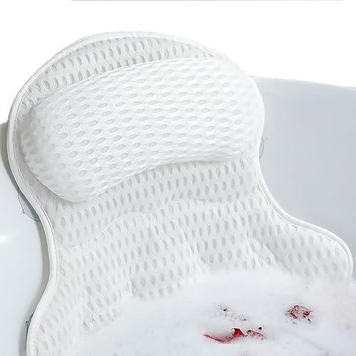 Bath Pillow for Bathtub,Non-SlipBath Pillow Luxury Soft Bathtub Pillows 4D Mesh Foam Tub Pillow Bath Cushion with Anti-Slip Suction Cup Fits All Bathtub, Hot Tub and Home Spa (White)