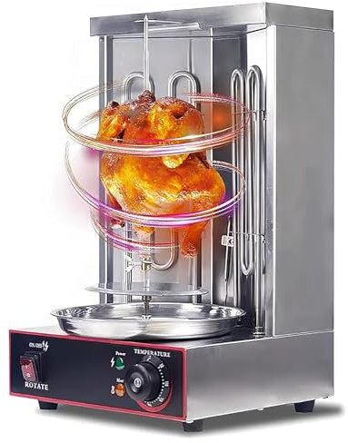 Vertical Rotisserie Grill Electric Shawarma Machine Stainless Steel 300℃ Adjustment - Gyros Rotisserie Oven with Oil Collecting Pan, 360° Rotating Kebab Rotating Oven