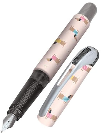 Online fountain pen College Dachshund, ink fountain pen for right-handers, ergonomic grip, iridium nib medium, standard ink cartridges, incl. combi cartridge blue, for allergy sufferers