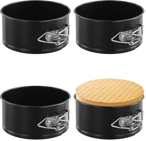 PUCSIQ 4 Moldes de Repostería Desmontables Redondos de 10 cm, Molde de Tarta de Queso con Base Extraíble, Chapa de Acero Antiadherente, para Pequeños Quesos, Tartas, Quiches | Molde redondo antiadherente de acero al carbono para pequeños pasteles de queso, tartas, quiches PUCSIQ