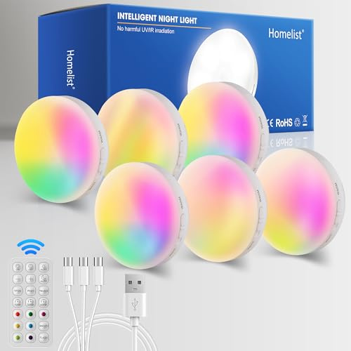 Homelist NL4 RGB LED-Vitrinenbeleuchtung mit Fernbedienung, 6 Stück | Kabellose, wiederaufladbare Nachtlichter mit Bewegungsmelder für Treppen, Küchen, Schlafzimmer, Bäder und Schränke