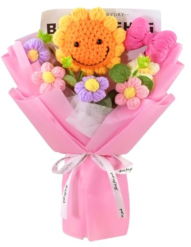 ELLECILA Crochet Sunflower Bouquet - Knitted Smile Sunflowers Bouquet Crochet flowers for Home Decoration Crochet Flowers Artificial Floral Gifts for Birthday, Christmas, Mother’s Day, Val (A)