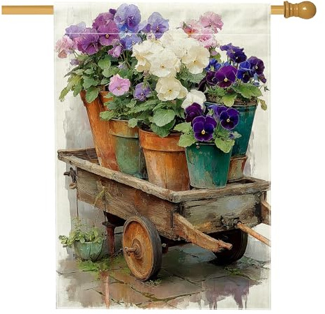 Drapeau de jardin floral printanier, pensées colorées, brouette, décoration extérieure, drapeau de cour double face en toile de jute pour décoration de jardin, fête, pelouse, 71 x 101,6 cm