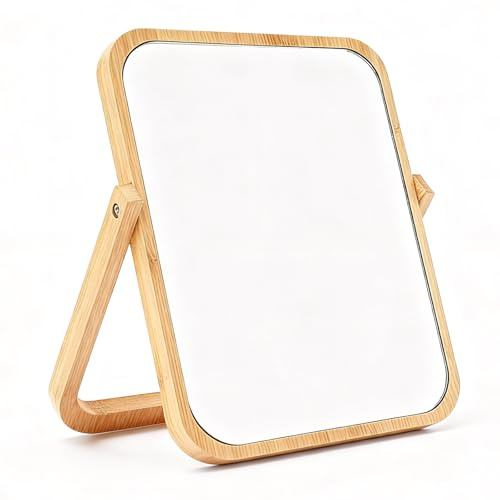 Vxcvzv 1Pcs Bamboo Vanity Mirror, Makeup Mirror with Natural Bamboo Stand, Portable Mirror with Adjustable Stand for Shaving Dressing Make up Table
