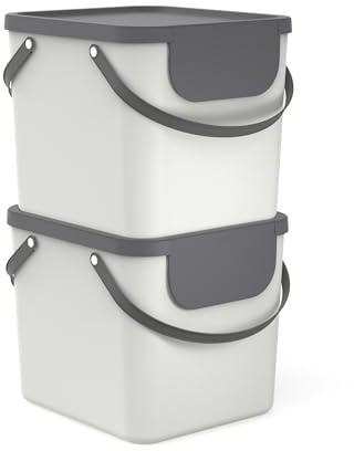 Rotho Albula Mülleimer Küche 2er-Set je 40 L stapelbar Creme-Weiß Anthrazit | Mülleimer 2 Fächer, Mülltrennsystem Küche mit Deckel, bei gestapelten Behältern zu öffnen, 2 Tragegriffe, Aufkleber, robust