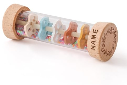 WOODEN TEETHER Rassel Baby – Holz Spielzeug Sensorisches Spielzeug für Kinder, Geschenk für Jungen und Mädchen (Klassisches（personalisiertbar）)