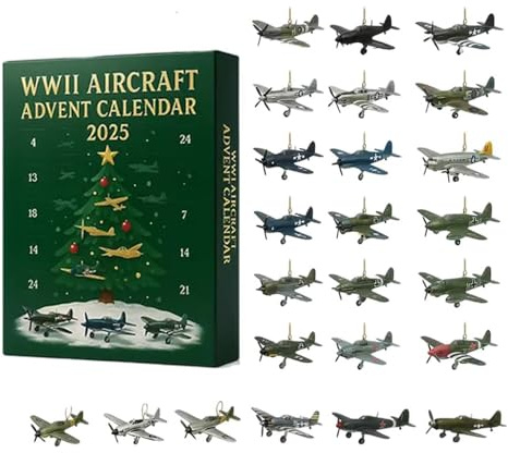 WWII Aircraft Advent Calendar 2025, 24 Days Christmas Countdown Calendar with 24 Iconic Warbirds, 24 Fighter Jet Pendants That Can Be Used As Christmas Tree Decorations (A)