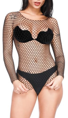 Body de Red para Mujer Sexy Malla Hueca Manga Larga Cuello Redondo Fiesta Playa Rave