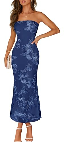 MEROKEETY Women's Floral Strapless Maxi Dress 2026 Summer Mesh Tube Bodycon Formal Wedding Guest Cocktail Party Long Dresses, Navy, Medium